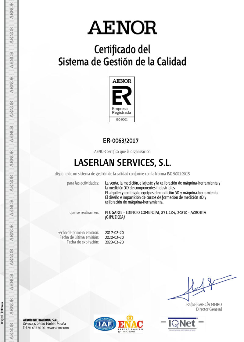 Certificado AENOR Sistema Gestion De La Calidad - LASERLAN